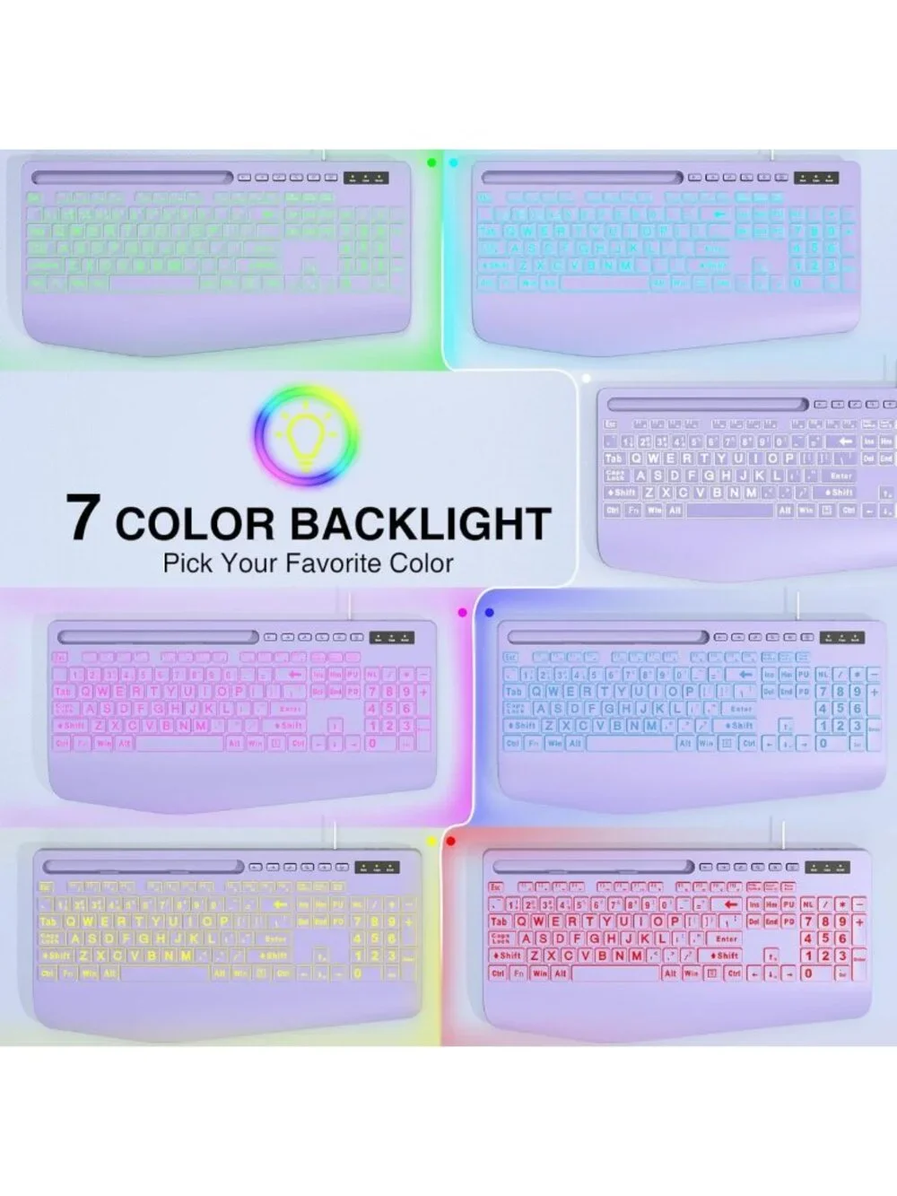 Large Print Backlit Wired USB Keyboard with 7-Color Lighting & Wrist Rest